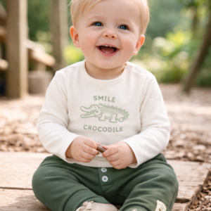 Frogs & Dogs Smile Crocodile baby shirt in offwhite met groene krokodilprint en lange mouwen