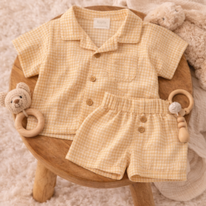 Riffle baby blouse oker geruit linnen katoen