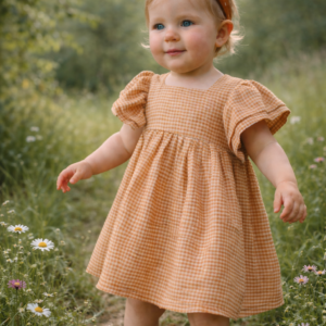 Baby meisje draagt een zomers linnen katoenen jurkje van Riffle in een natuurlijke omgeving.