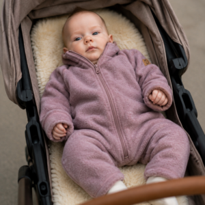 Baby in kinderwagen met roze Mikk-line wollen babypakje van merinowol
