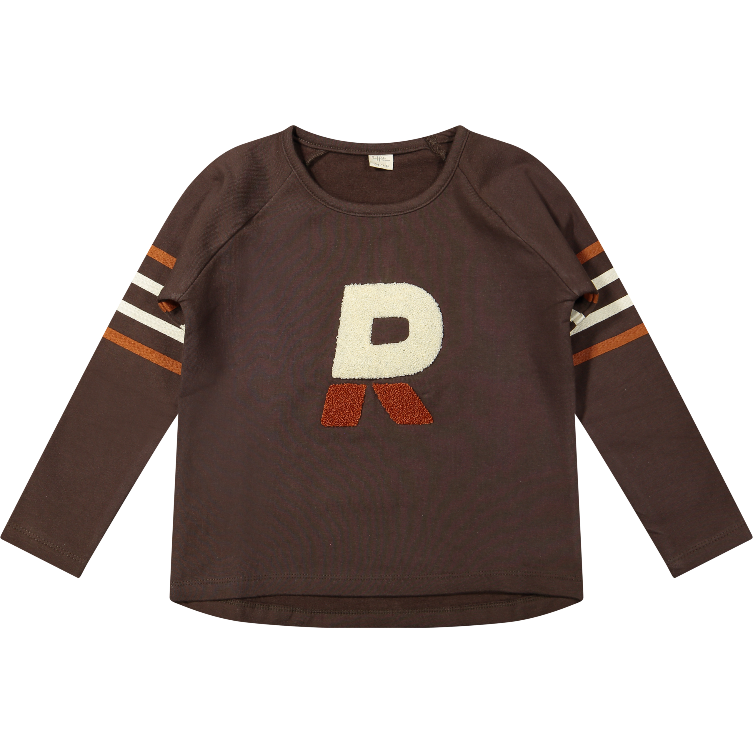 Riffle bruin jongens shirt met R-applicatie en strepen op de mouwen